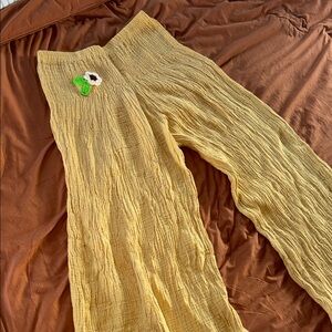 Yellow Wide-Leg Pants with Embroidered Detail